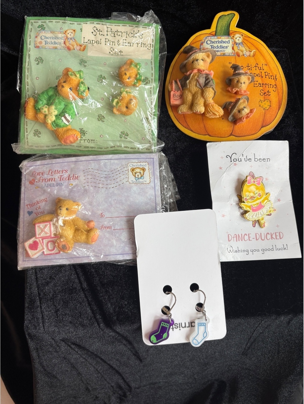 Vintage Cherished Teddies Pins and Earrings Collection with Various Themes
